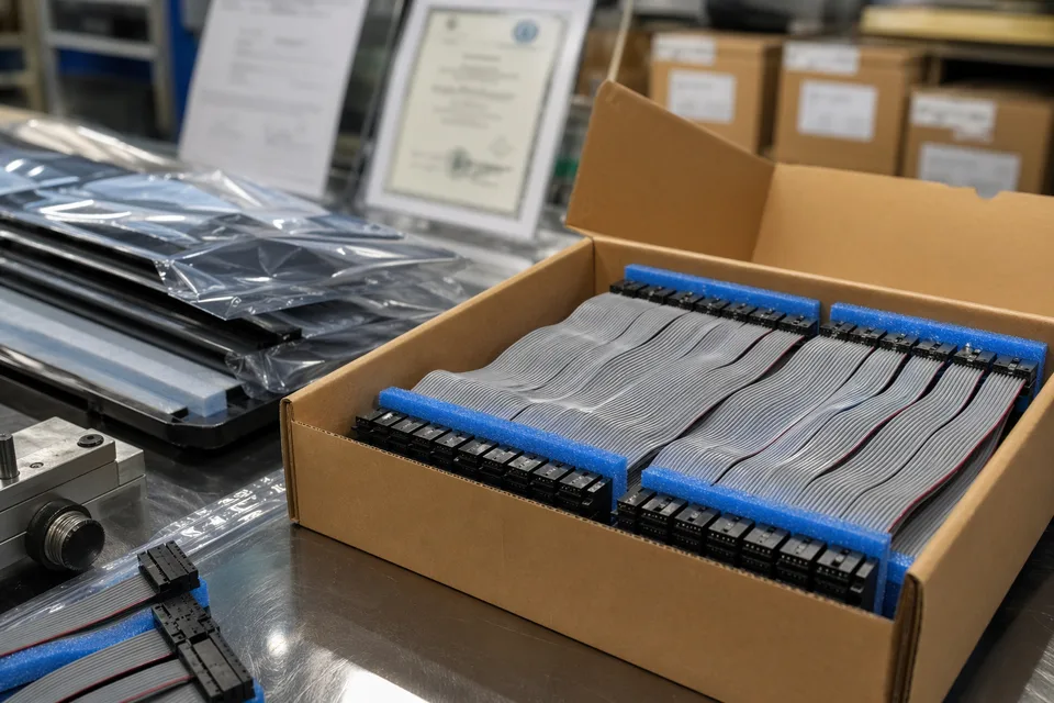 Telecom IDC ribbon cable carton preparation with protected connector ends and blurred batch labels