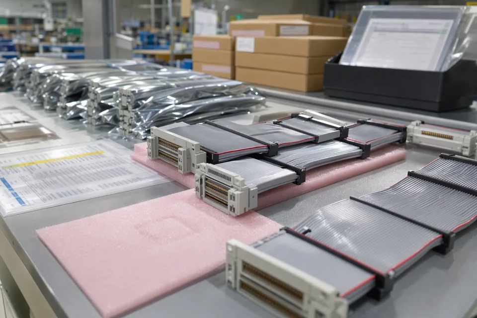 Telecom IDC outgoing delivery scene with organized cartons and traceability cards kept secondary