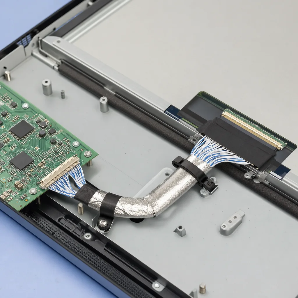 20-50 pin LVDS harness routed between controller board and display panel inside an embedded display module with shielding and bend control