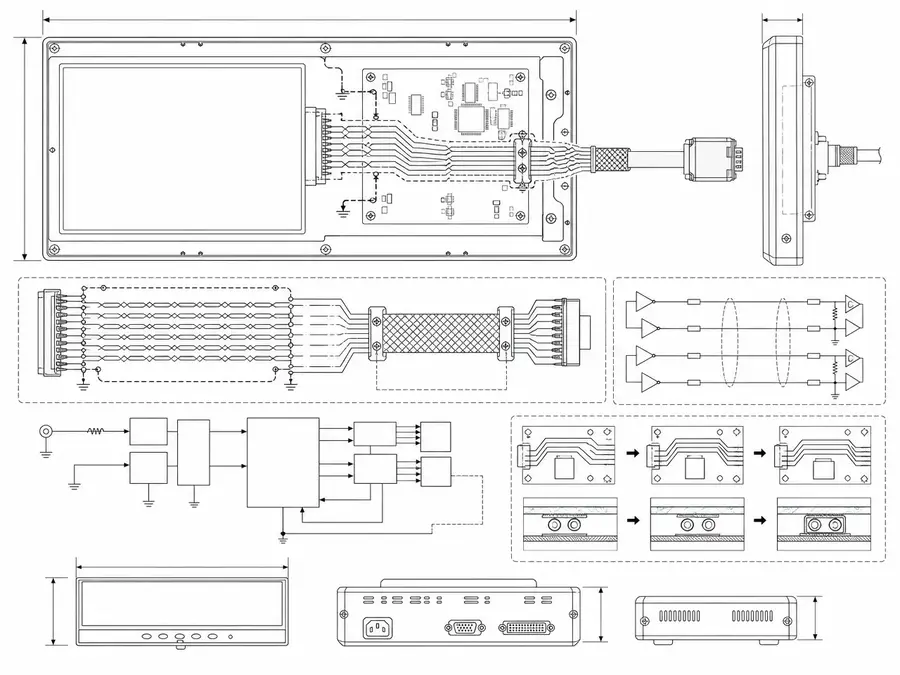 Industrial-monitor LVDS program line-art with stable routing, a clear shield, and revision logic