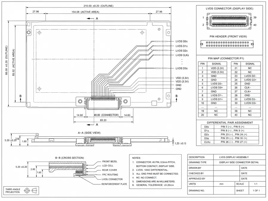 Medical-monitor LVDS display line-art with display-side paths, controlled records, and pin-map evidence