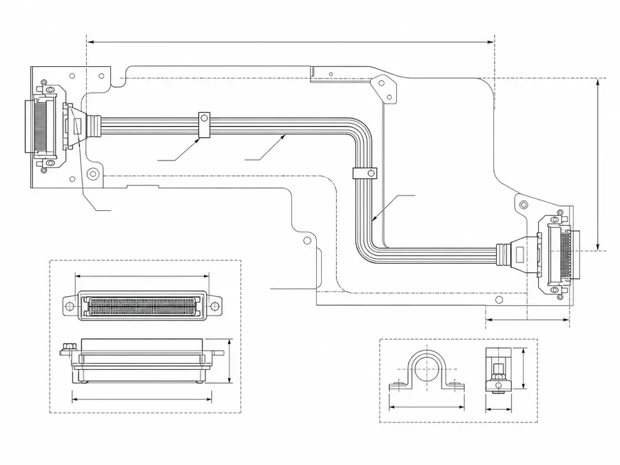 Legacy-replacement LVDS route line-art from an old sample with connector version and usable length
