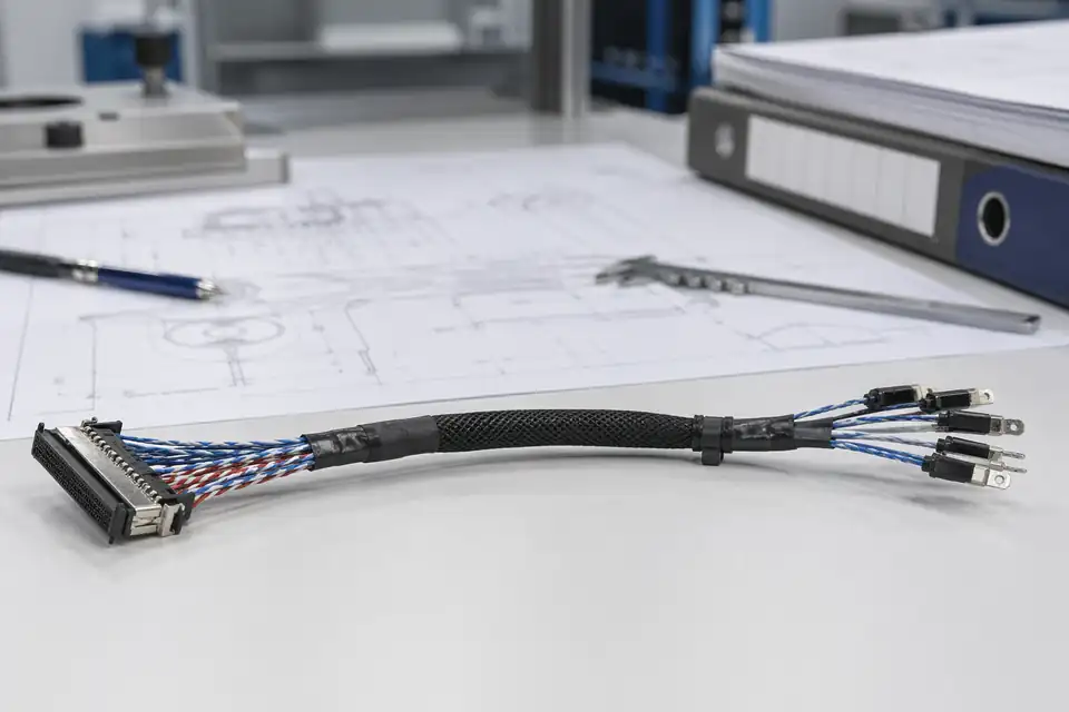 LVDS cable assembly controlled-document scene with records and labels kept secondary to the harness
