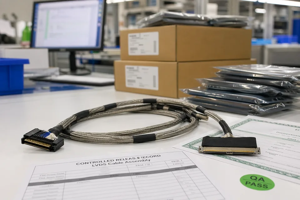 LVDS controlled release records with sample cable foreground and document sleeves