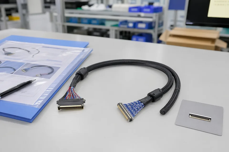 LVDS sample approval folder beside shielded cable assembly and panel connector mockup
