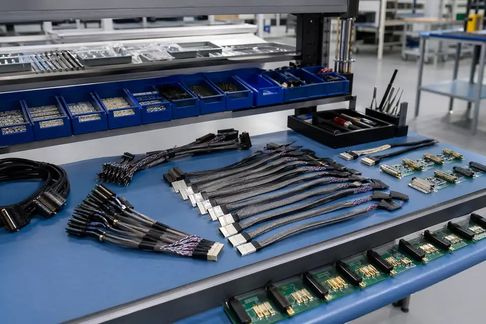 LVDS cable assembly production workstation with routed harnesses and panel-interconnect preparation