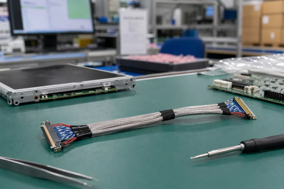 LVDS shielded harness assembly workstation with board-to-panel connector preparation