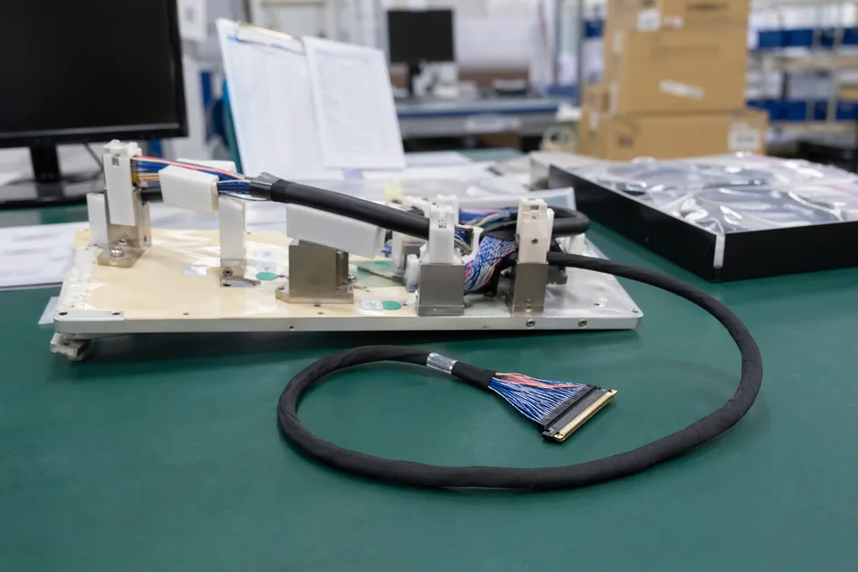 LVDS cable forming and taping station with panel interconnect fixtures visible