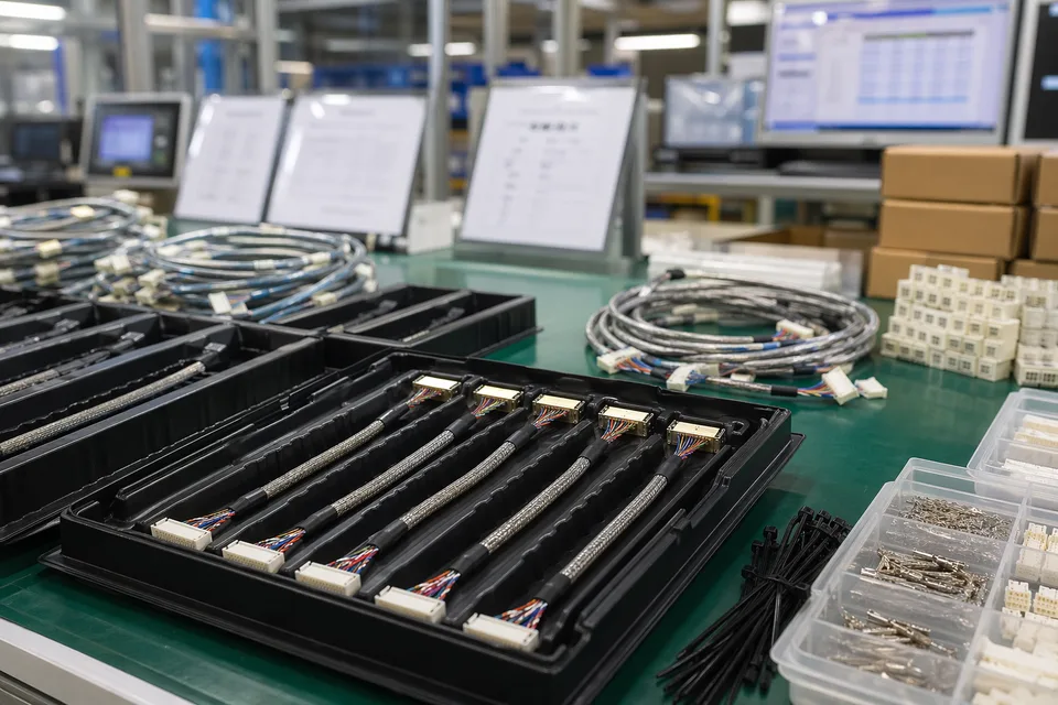 LVDS batch kitting bench with shielded harnesses, connector housings, and ESD trays