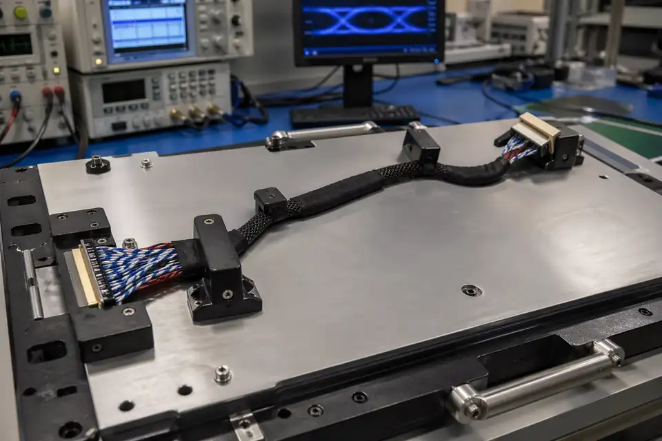LVDS cable assembly quality review scene with routed harness and validation fixture context