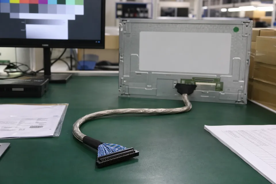 LVDS electrical verification bench with panel mockup and routed harness foreground