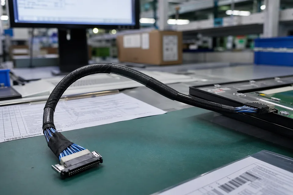 LVDS shielding and route inspection scene with bend, tape wrap, and connector seating visible