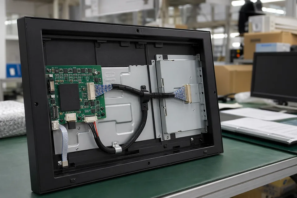 LVDS engineering review inside an industrial monitor mockup with board-to-panel harness visible