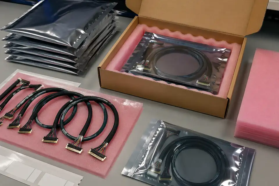 LVDS cable assemblies packed in anti-static protective packaging with labels and shipment-preparation context