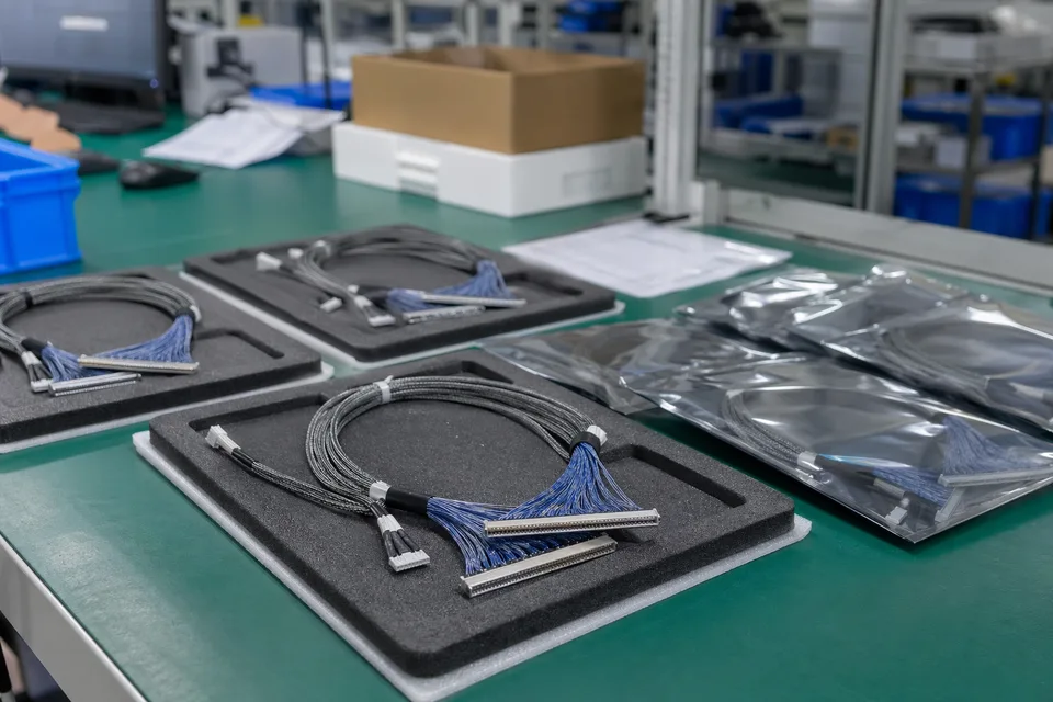 LVDS harnesses packed in ESD bags and foam trays for industrial monitor assembly