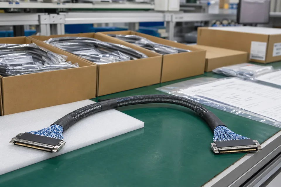 LVDS carton preparation with protected shielded cables and batch-label context