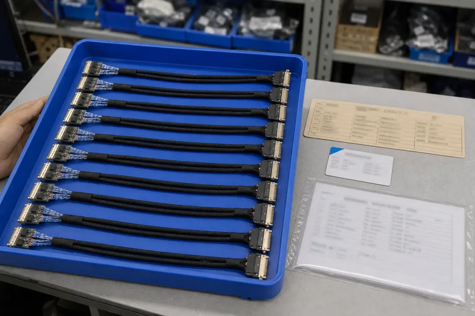 Batch lot tray of board-to-panel LVDS finished harnesses with neutral lot card, version-tag card, and pre-shipment record sheet, all text kept unreadable