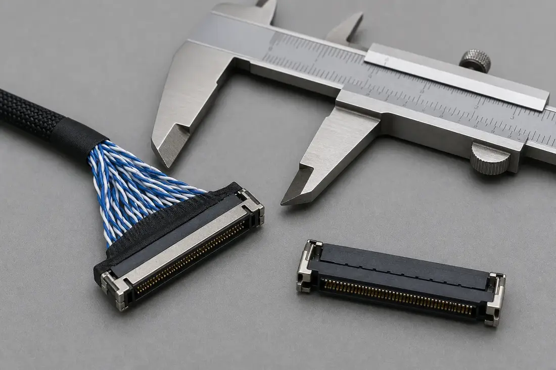 Non-branded FI-X-compatible connector review scene: fine-pitch LVDS board connector and twisted-pair cable end beside a separate mating-reference connector and a digital caliper
