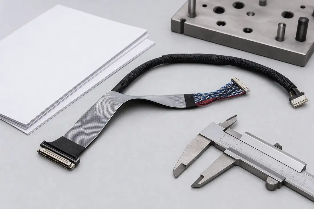 Engineering review bench for a non-branded FI-X-compatible LVDS harness with sample harness, reference sheets, and a digital caliper
