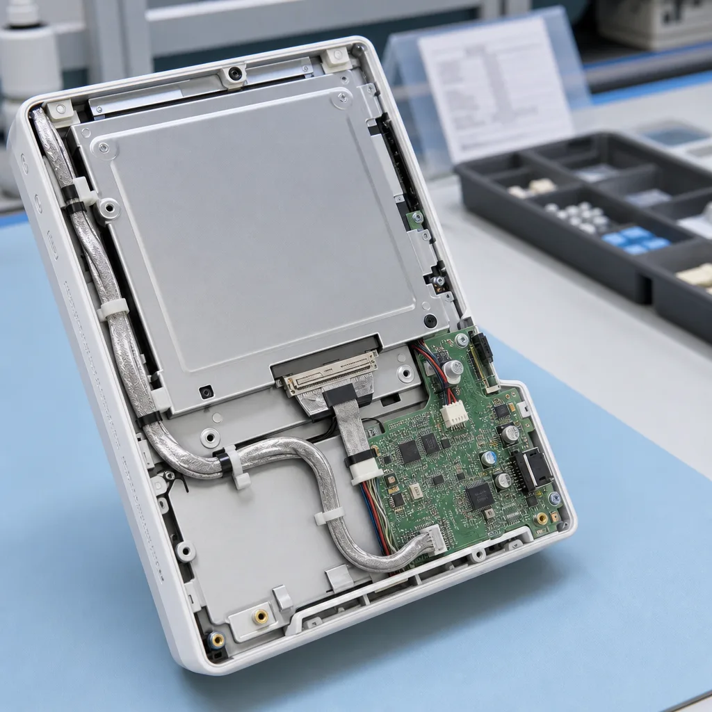 LVDS cable assembly clipped inside a non-branded medical monitor display module for shielded route and traceability review