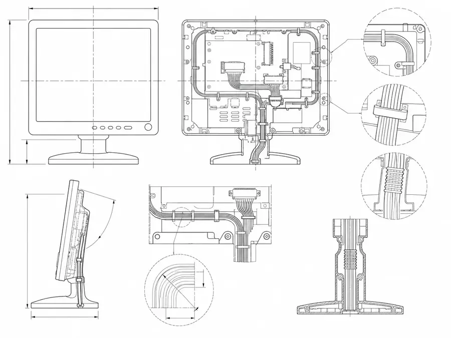 Bedside medical-screen LVDS route line-art with compact internal paths, protected handling, and bend zones
