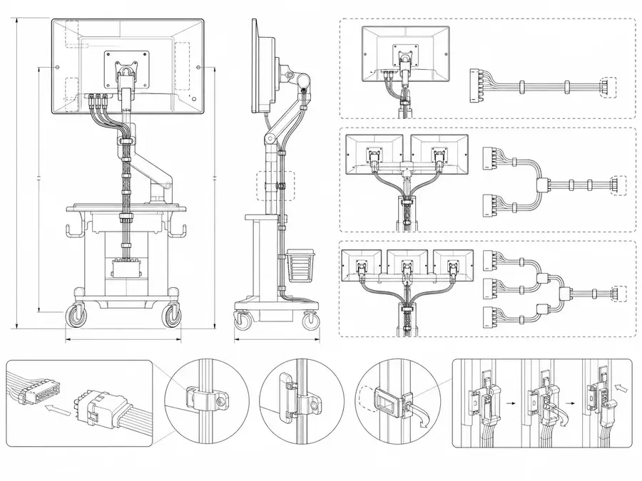 Medical-workstation LVDS layout line-art with repeatable harness release across display configurations