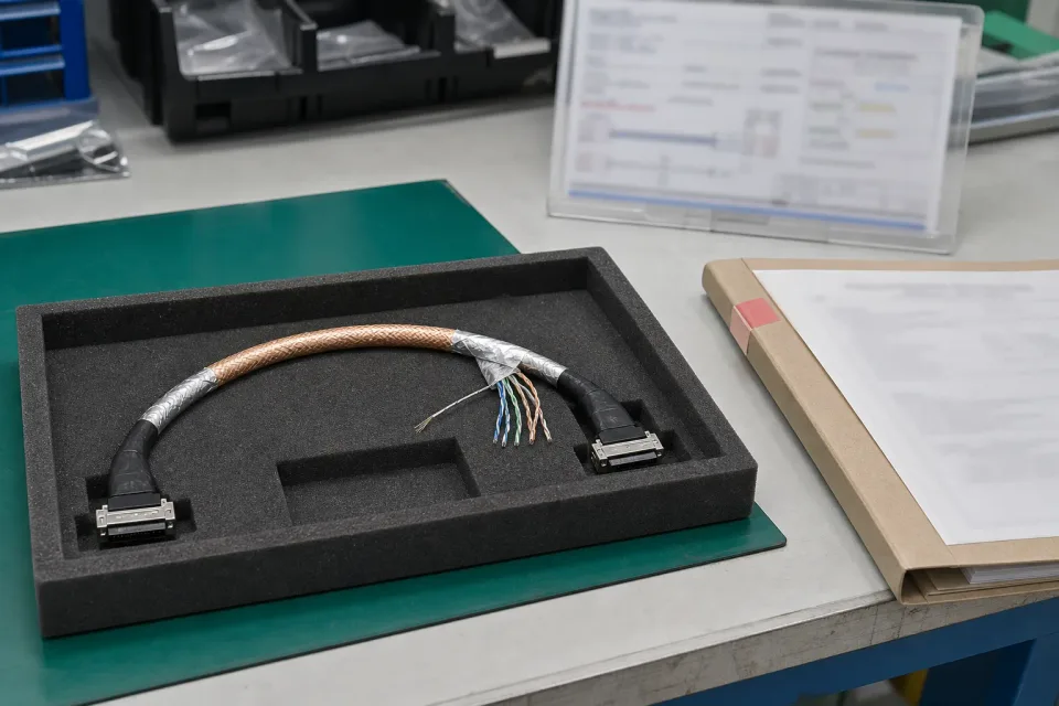 Pin-mapping and shielded-routing sample-approval bench for a shielded LVDS program, harness with foil + braided shield wrap, exposed differential pairs and grounding drain pigtail visible, closed folder and routing reference visible