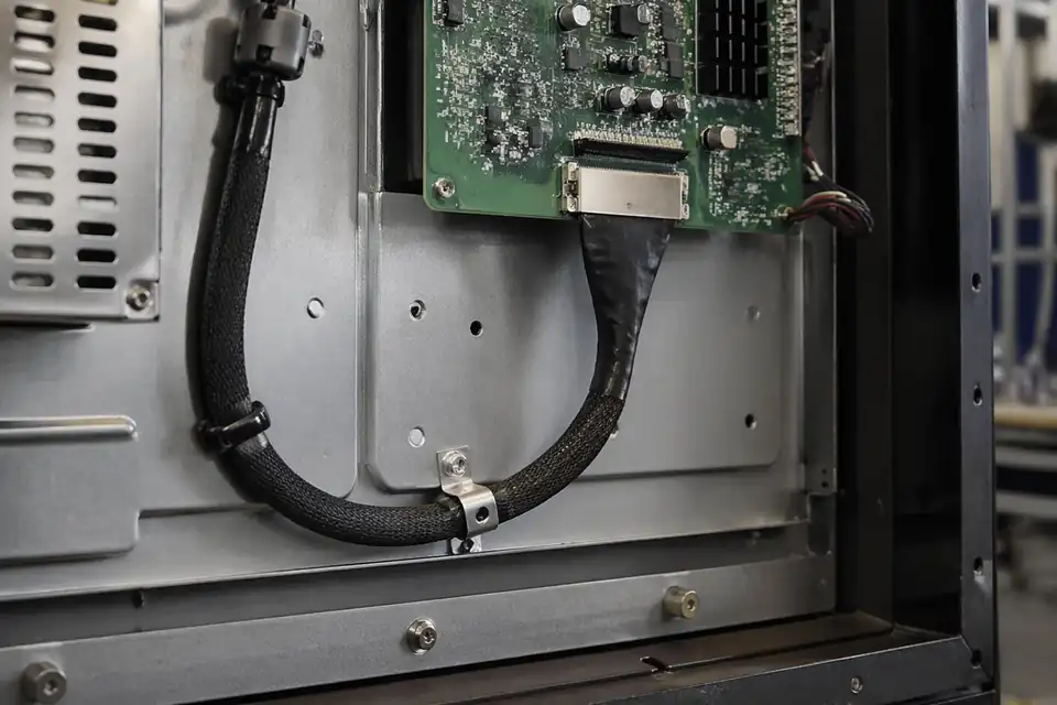 Shielded-routing LVDS harness inside an industrial display control system