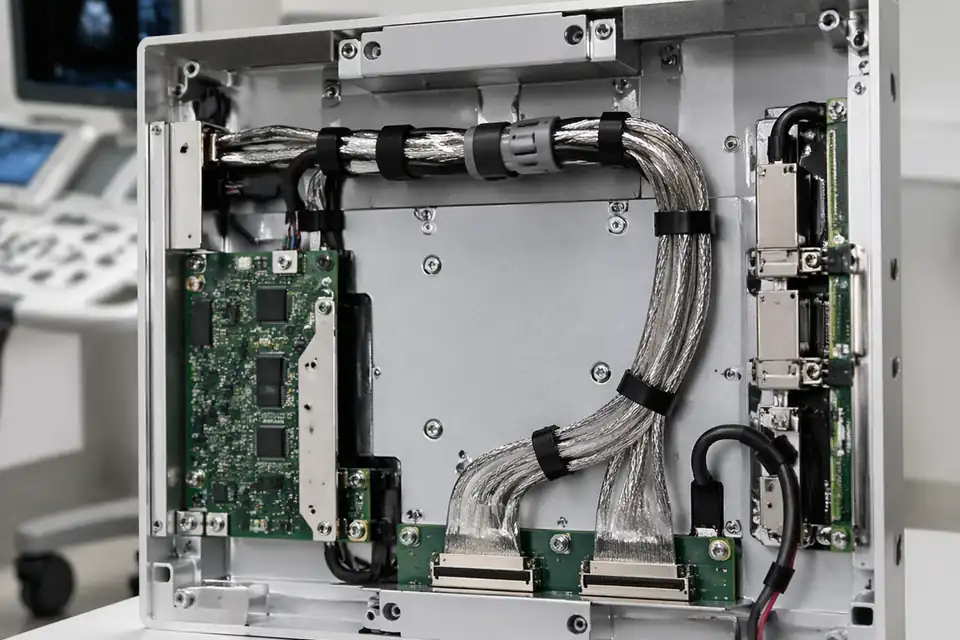 Shielded-routing LVDS harness inside a medical display interconnect module