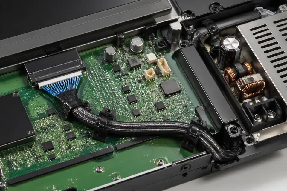Shielded-routing LVDS harness inside a compact embedded display module near interference sources