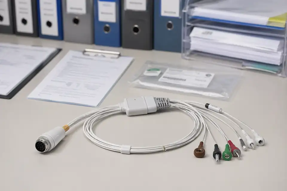 Medical cable assembly compliance and batch-record scene with documents secondary to the harness