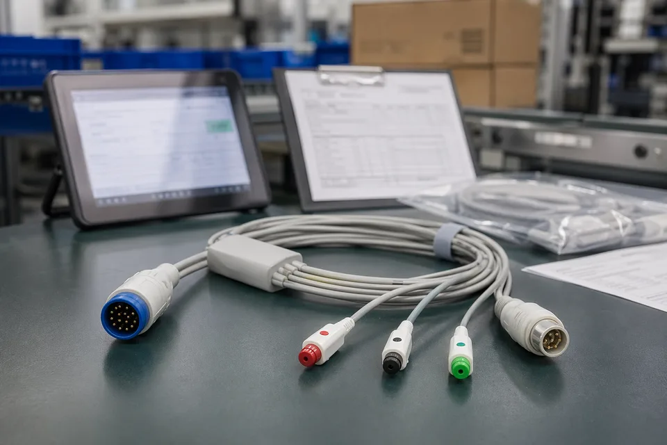 Medical cable compliance record scene with harness sample foreground and controlled documents