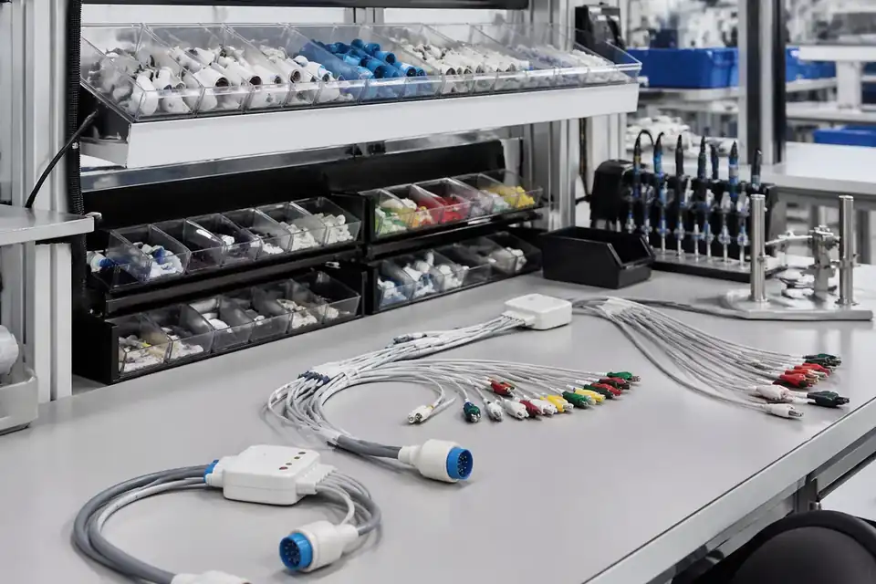 Medical cable assembly production workstation with clean organized harness assembly support