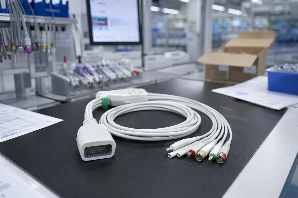 Medical cable clean assembly workstation with harness samples and organized fixtures