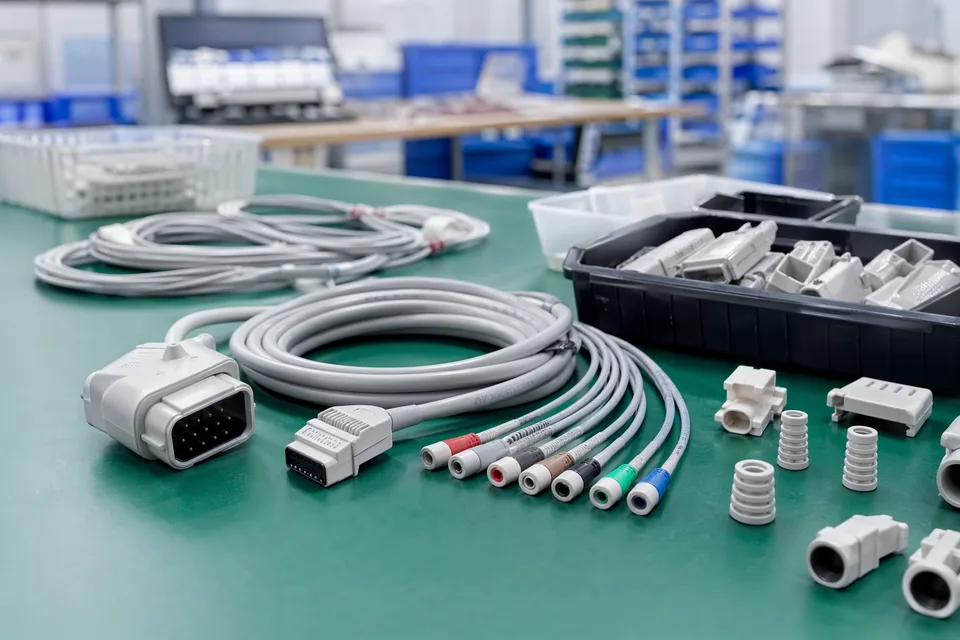 Medical cable preparation bench with connector shells, strain relief parts, and ESD-safe trays