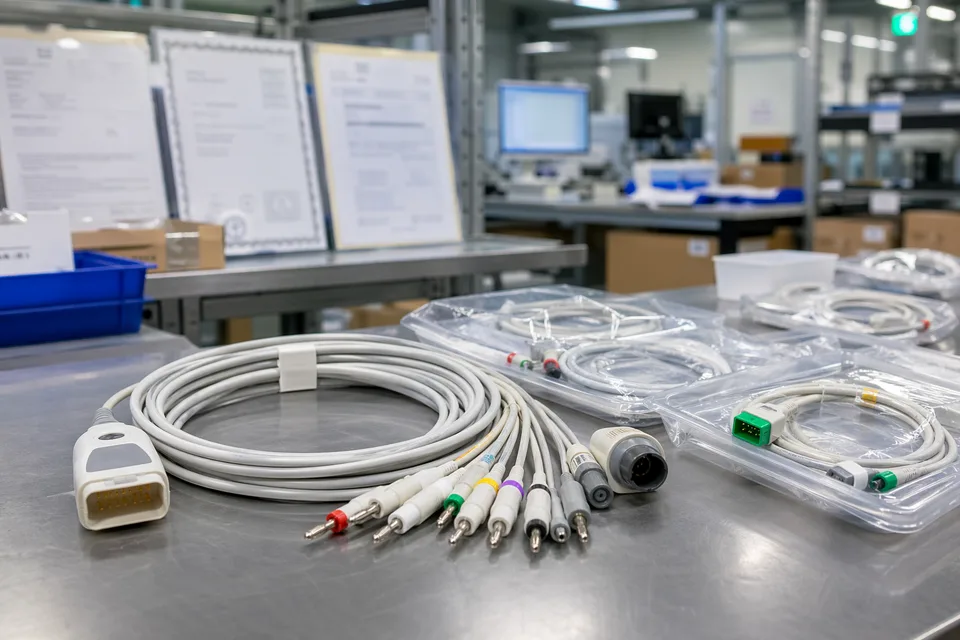 Medical harness small-batch production staging with clean trays and protected connector ends