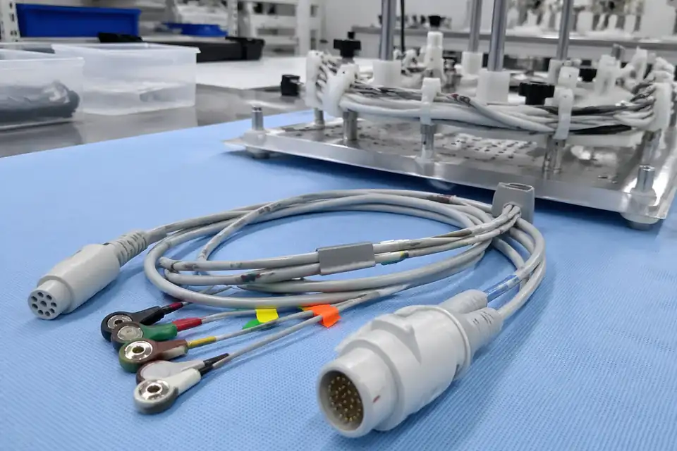Medical cable assembly quality-review scene with harness, fixture, and clean validation context