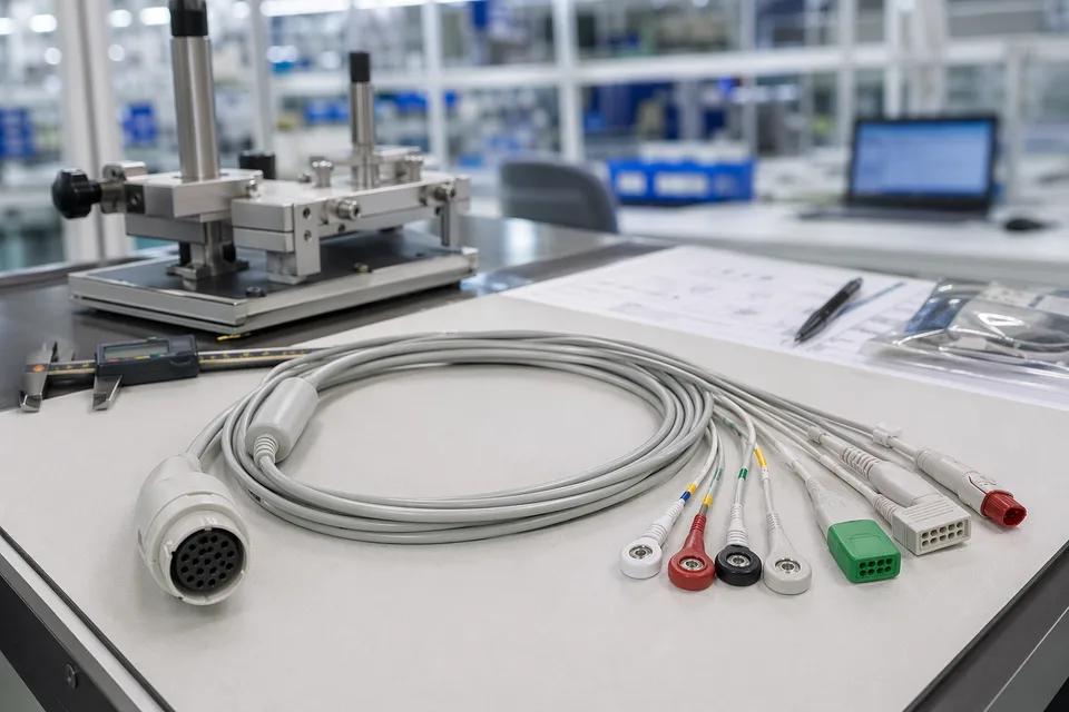Medical cable inspection bench with harness sample, validation fixture, and clean QA environment