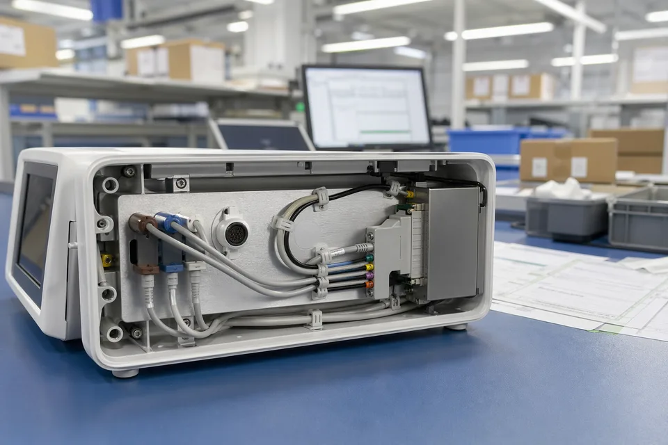 Medical interconnect engineering review inside a diagnostic device mockup with cable route visible