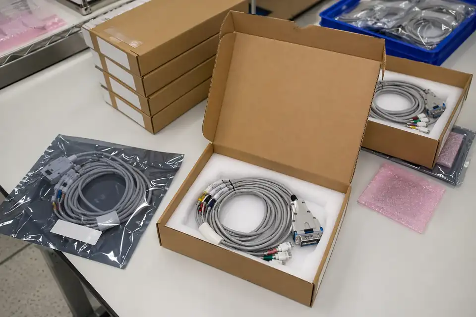 Medical cable assemblies packed in anti-static protective packaging with labels and traceable shipment context