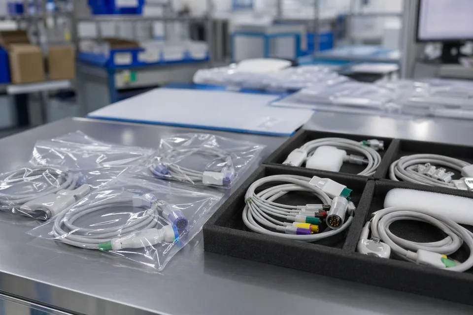 Medical cable assemblies packed in clean anti-static bags and foam trays with connector protection