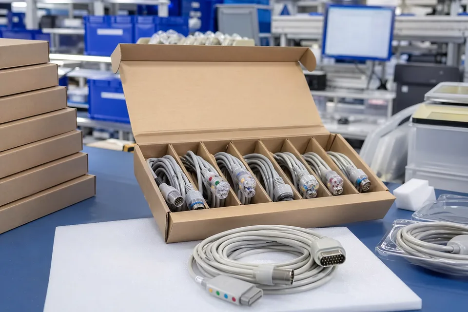 Medical cable carton staging with protected cable ends, organized separators, and delivery support