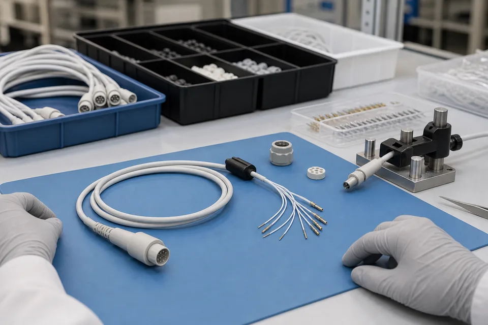 Clean medical interconnect assembly workstation with cable sample, ESD tray, connector parts, fixture, and controlled handling context