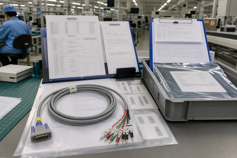 Medical cable sample beside non-readable inspection records, batch labels, and protective packaging tray for traceability review