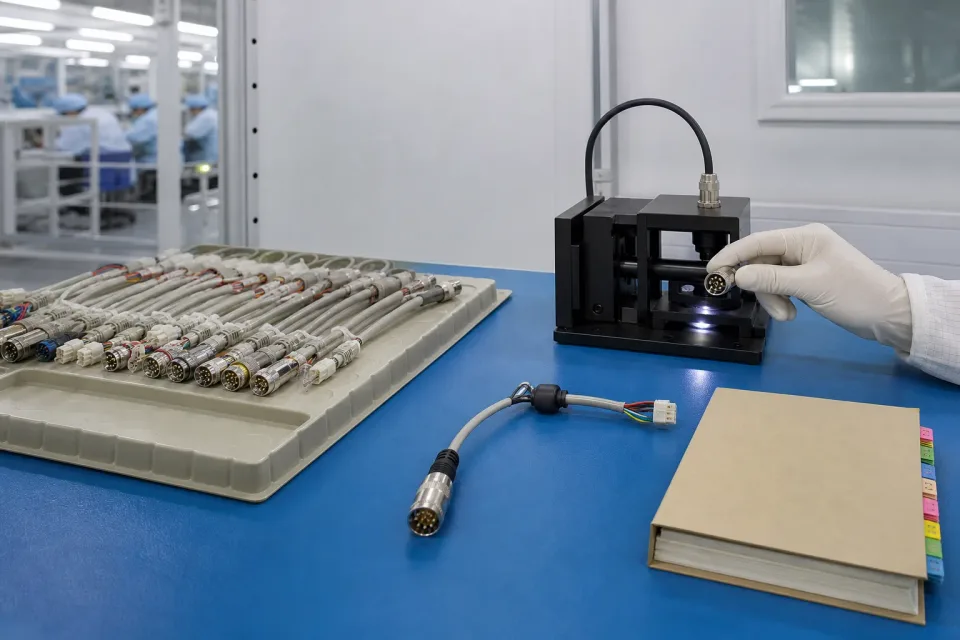 Controlled cleanroom-style assembly and inline-inspection station for a medical interconnect program, gloved operator hand and closed process-record book visible