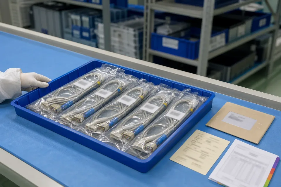 Pre-shipment lot tray of bagged medical interconnect harnesses with a closed COC-like record sheet and packaging sleeve, all text kept unreadable