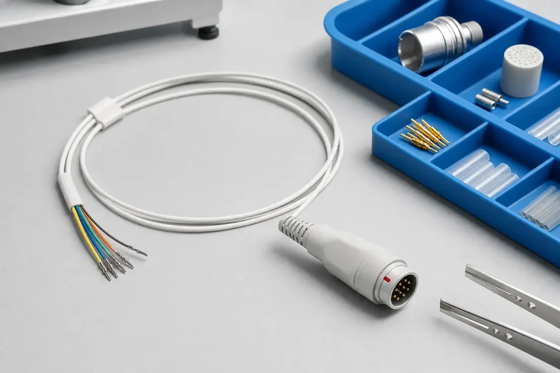 Non-branded medical-grade cable assembly with a circular multi-pin medical connector on a clean assembly bench beside an ESD parts tray and tweezers under clean clinical lighting