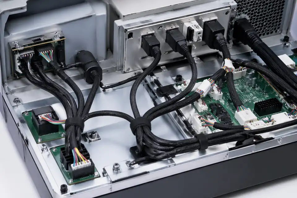 Diagnostic-equipment cable assembly inside a larger diagnostic system with multiple interfaces