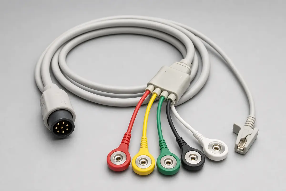 ECG trunk cable and color-coded lead wire set with snap terminations on a clean studio background