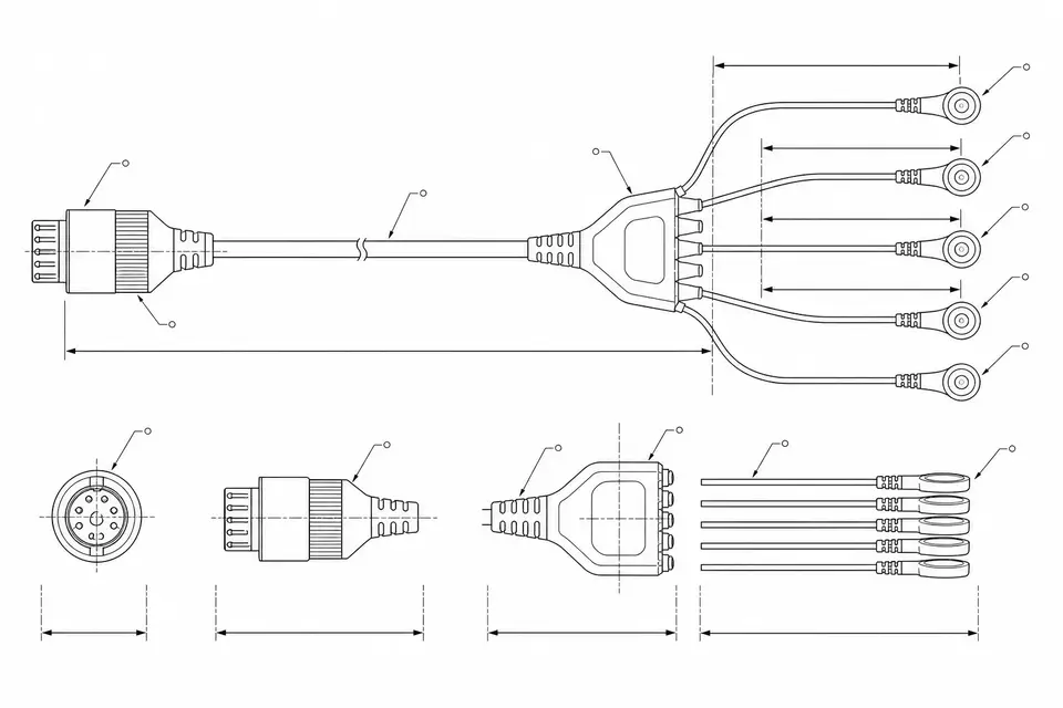 ECG trunk cable branching into a multi-lead wire set with monitor-end connector